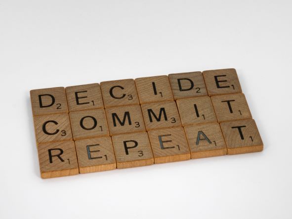 Scrabble tiles that say Decide, Commit, Repeat