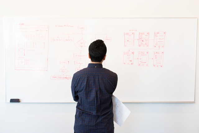Man looking at diagram on whiteboard